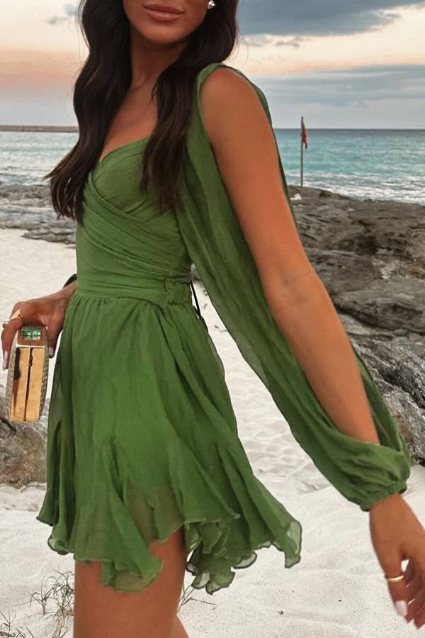 V-neck lantern sleeve hollow shoulder mini dress Main image