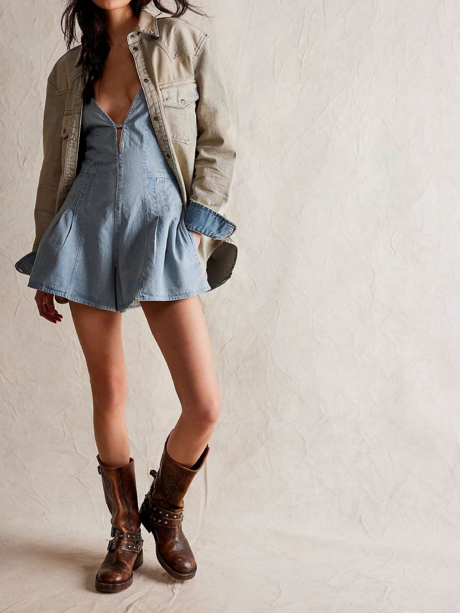 Light Wash Denim Deep V Halter Backless Short Romper