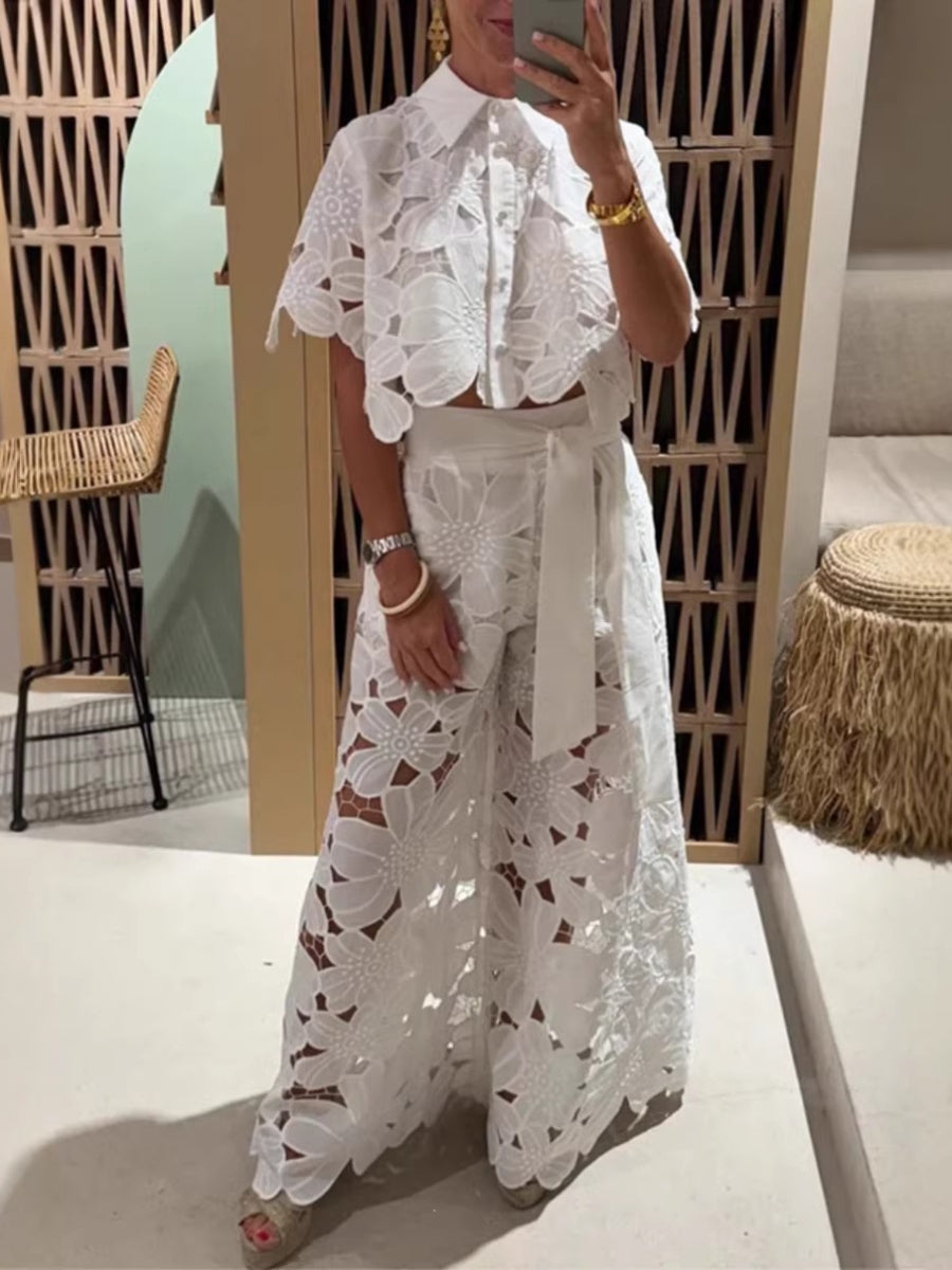 Hollow Embroidery Lace Matching Set Cape Sleeve Shirt Belted Palazzo Pants