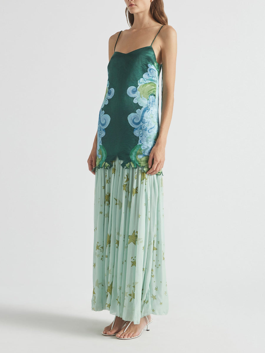 Elegant Green Cloud Print Satin Cami Layered Star Pattern Sheer Long Dress