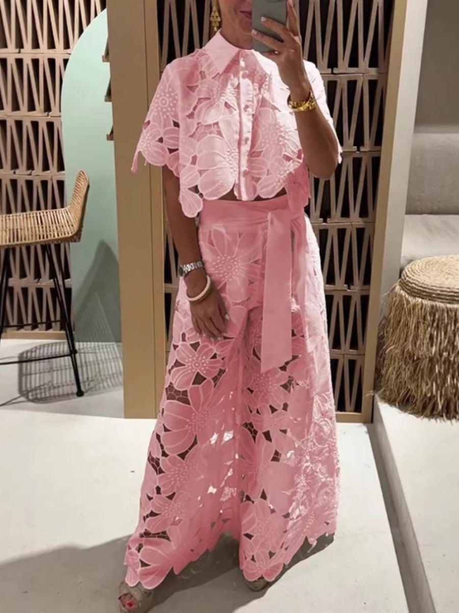 Hollow Embroidery Lace Matching Set Cape Sleeve Shirt Belted Palazzo Pants