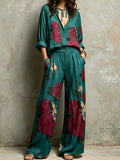 Teal Red Rose Floral Boho Two Piece Wide Leg Pants Set