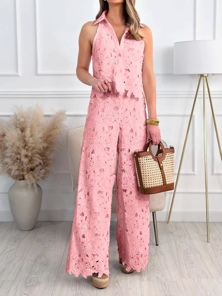 Hollow Eyelet Lace Halter Collar Crop Top Wide Leg Pants Outfit