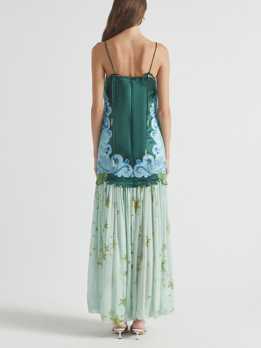 Elegant Green Cloud Print Satin Cami Layered Star Pattern Sheer Long Dress