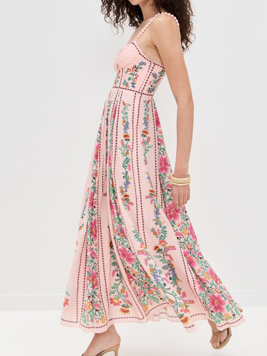 Blush Pink Vertical Floral Print Beaded Strap Bustier Midi Sundress