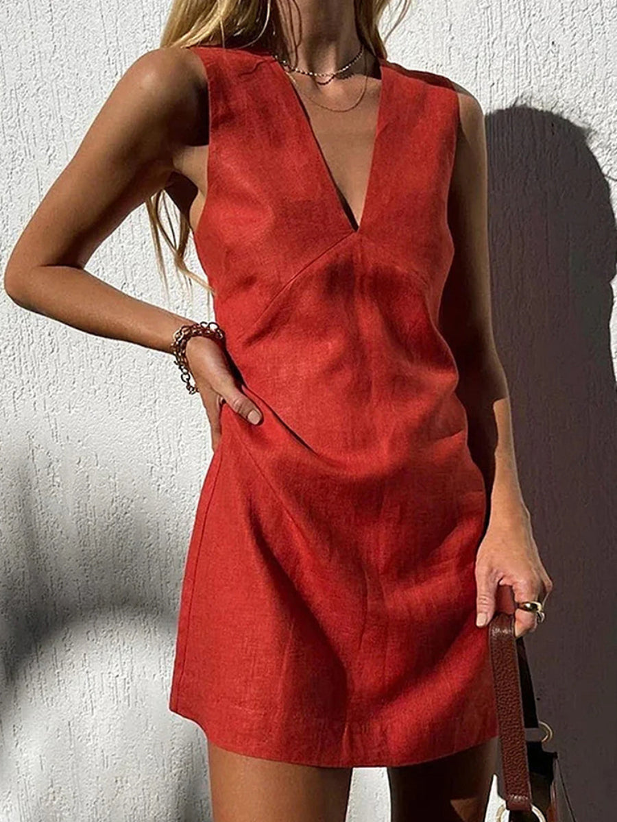 Rust Red Linen Sleeveless Deep V Wrap Mini Dress
