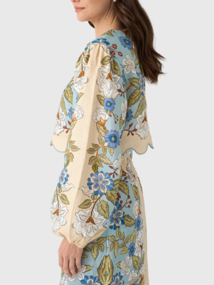 Garden Floral Print Lantern Sleeve Scalloped Edge Crop Top Midi Skirt Casual Co Ord Set