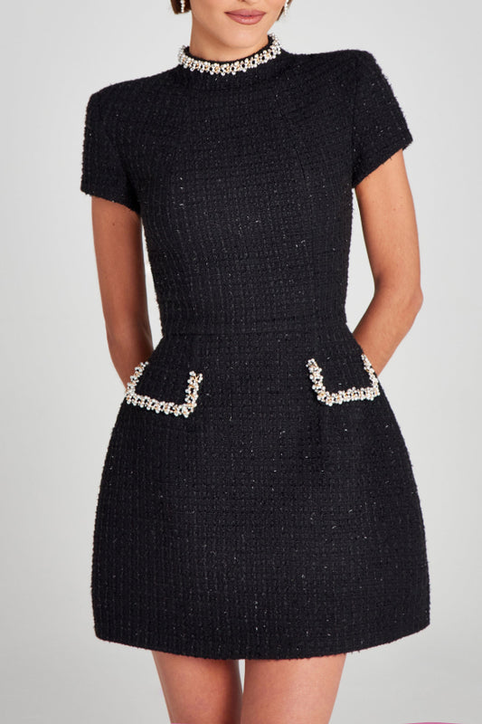 Slim-fit round neck beaded mini dress