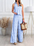 Hollow Eyelet Lace Halter Collar Crop Top Wide Leg Pants Outfit