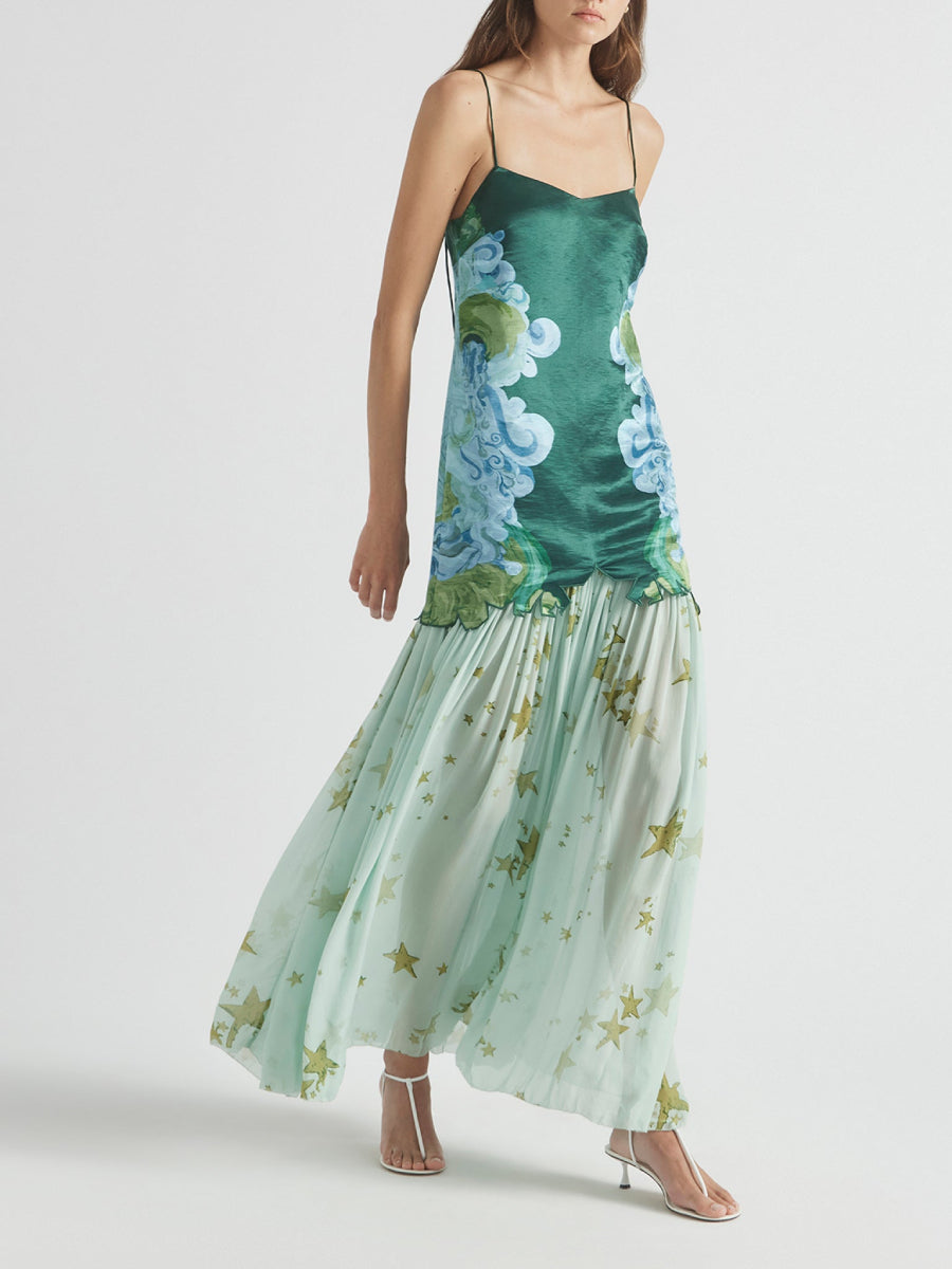 Elegant Green Cloud Print Satin Cami Layered Star Pattern Sheer Long Dress