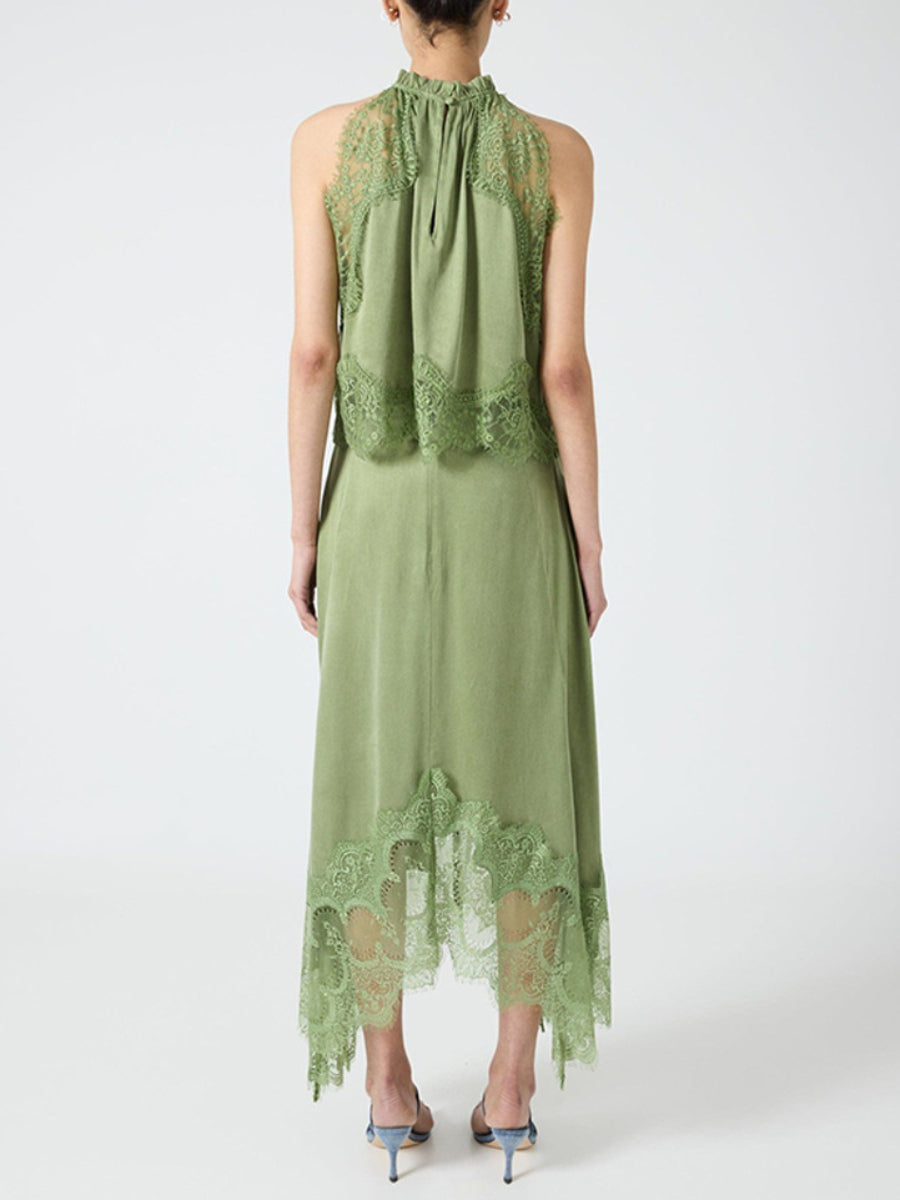 Lace Two Piece Midi Dress Halter Sleeveless Matching Set
