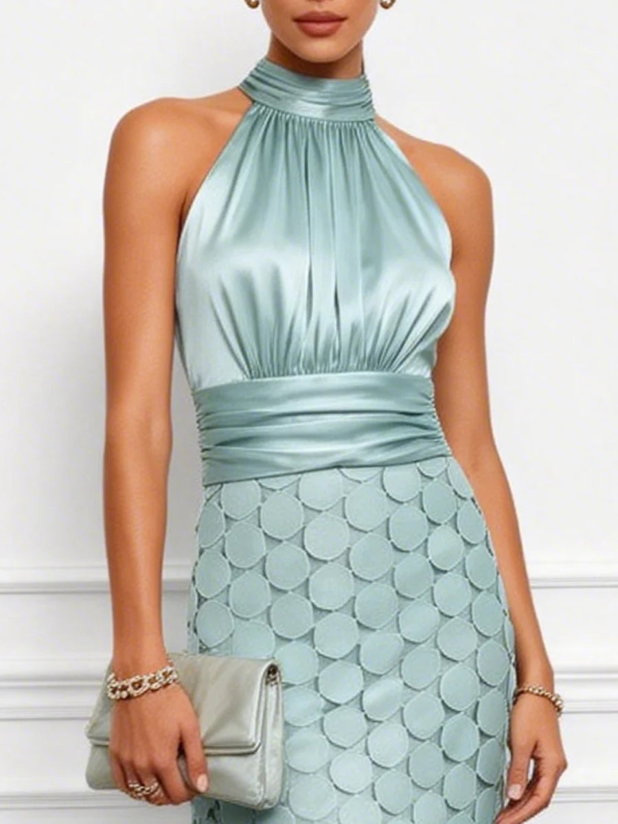 Halter Neck Ruched Satin Waist Circular Cutout Mesh Midi Dress
