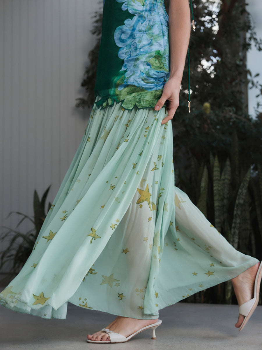 Elegant Green Cloud Print Satin Cami Layered Star Pattern Sheer Long Dress