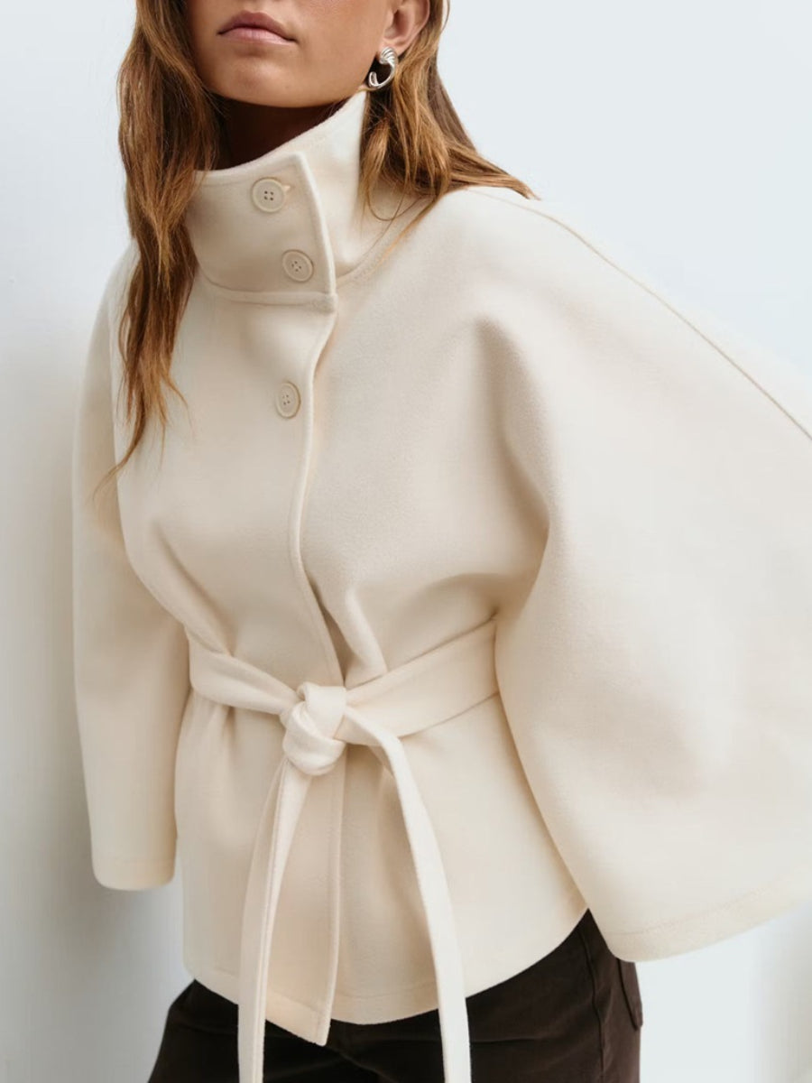 Solid color cape stand-up collar button-down belt trench coat