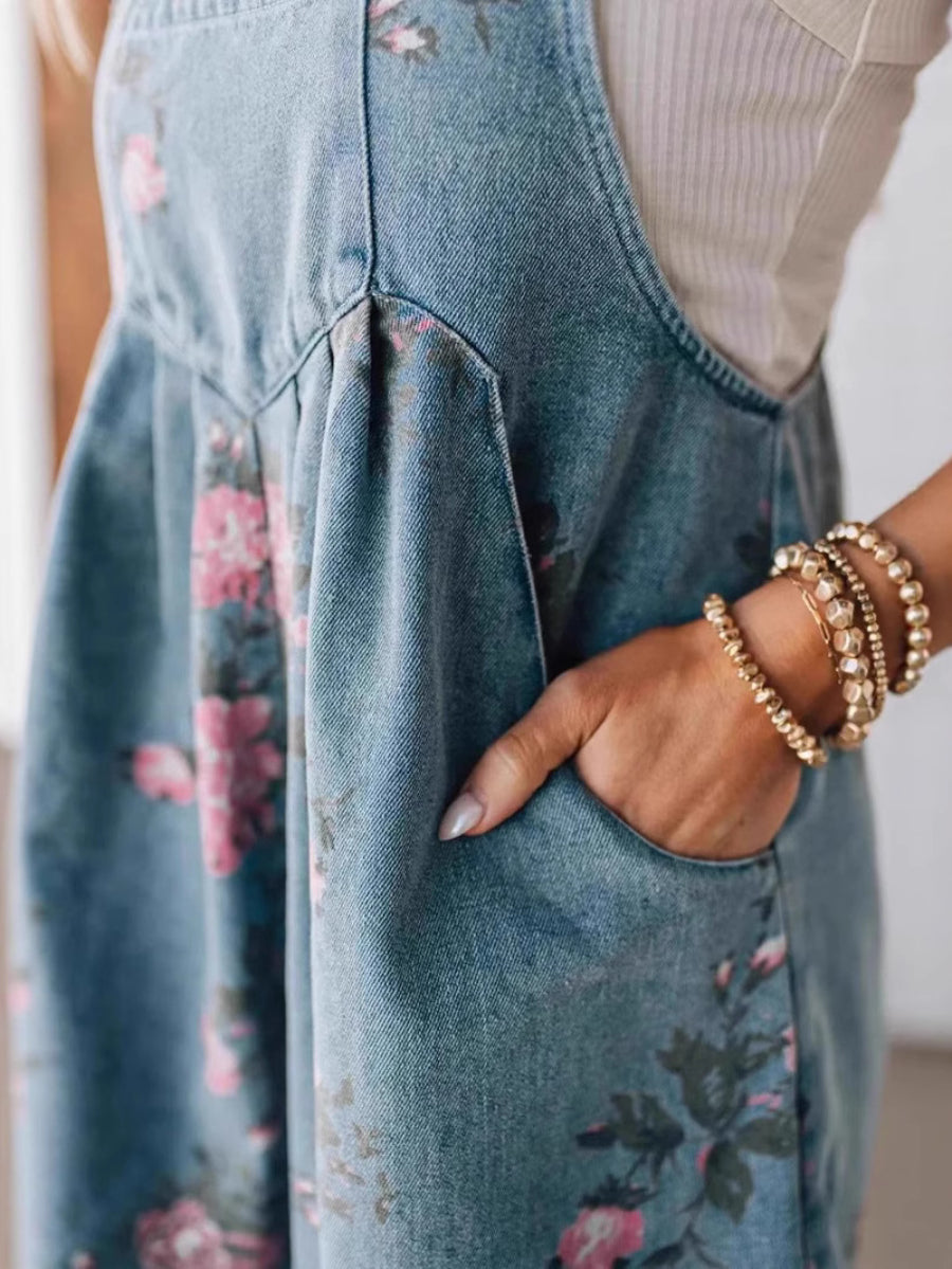 Relaxed Fit Floral Denim Short Overalls Adjustable Shoulder Straps Casual Romper