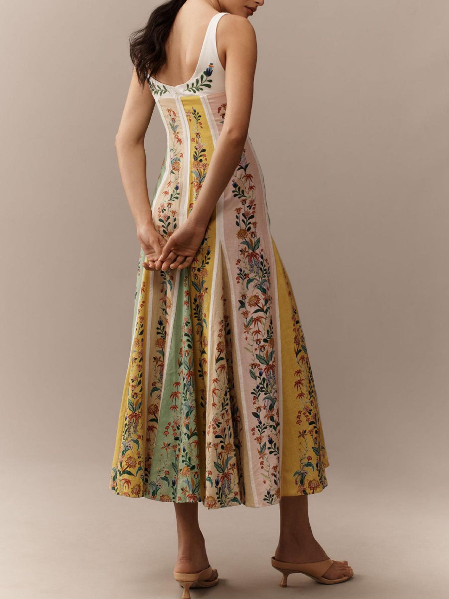 Retro Garden Floral Patchwork Vertical Striped Thin Strap Front Split Flowy Holiday Midi Dress