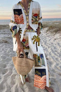 Linen-blend short-sleeve collared shirt and pants two-piece set in a loose fit