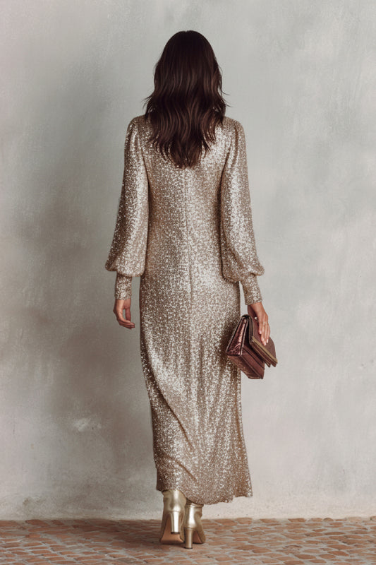 Women's Champagne Sequin Long Sleeve Maxi Dress - V-Neck Loose Fit Cocktail Gown for New Year's Eve & Formal Parties
