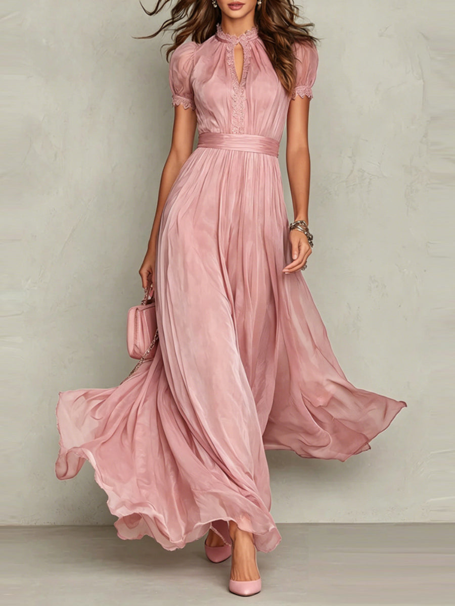 Women Elegant Lace Trim Sheer Chiffon Maxi Evening Dress