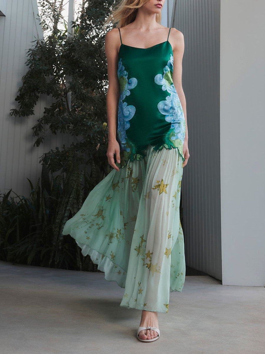 Elegant Green Cloud Print Satin Cami Layered Star Pattern Sheer Long Dress