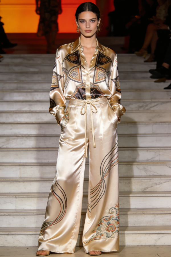 Women's Gold Satin 2-Piece Co-Ord Set - Paisley Print Shirt & Wide Leg Pants for Formal Evening Cocktail Party