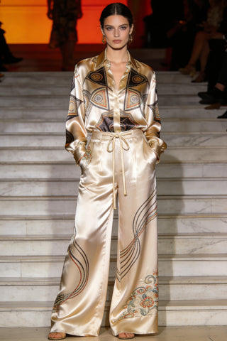 Women's Gold Satin 2-Piece Co-Ord Set - Paisley Print Shirt & Wide Leg Pants for Formal Evening Cocktail Party