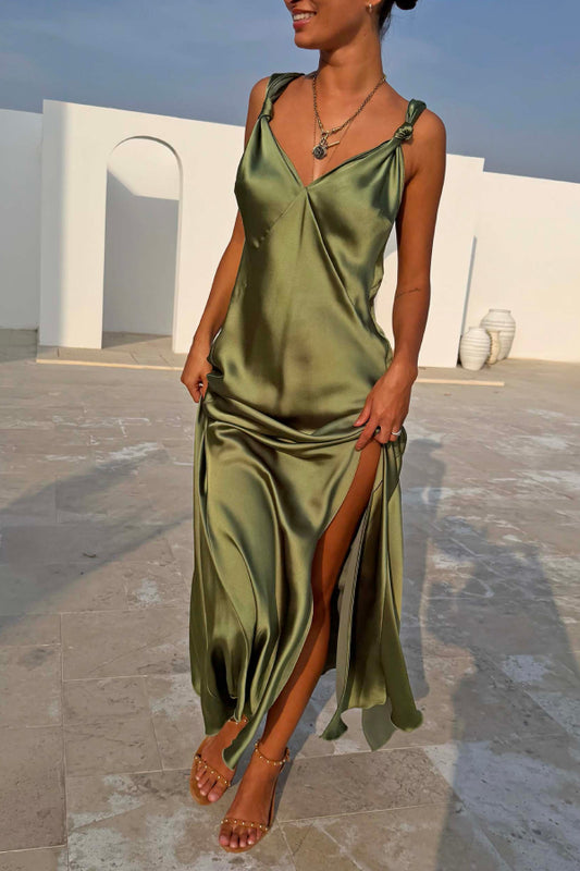 Women's Olive Green Satin Slip Maxi Dress - Knotted Strap V-Neck High Slit Formal Gown for Wedding Guest & Evening Events