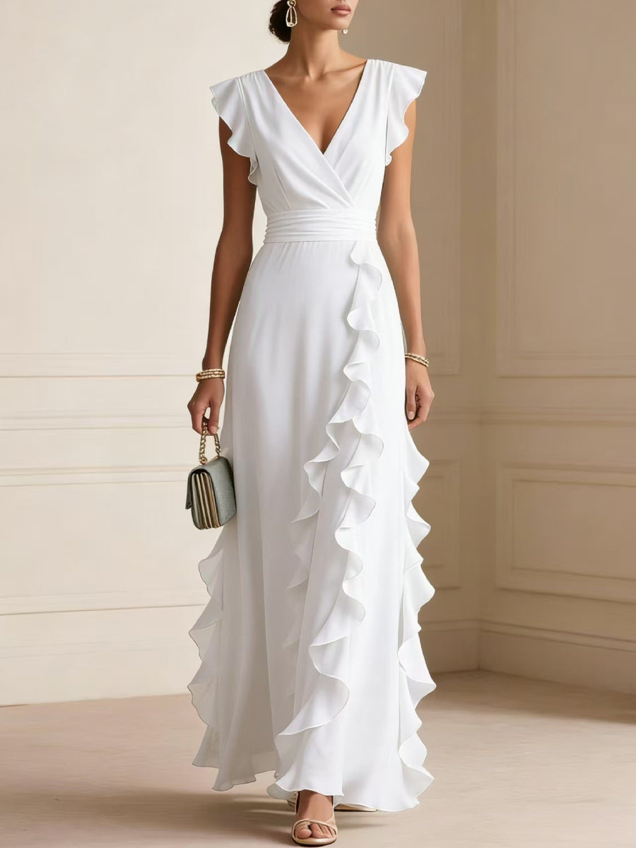Chiffon Wrap V Neck Ruffle Cap Sleeve High Waist Side Ruffle Maxi Dress