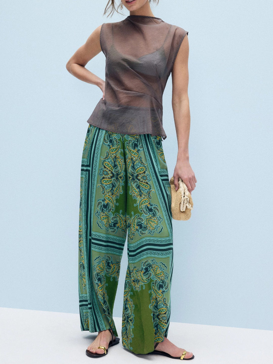 Green Border Paisley Print Asymmetrical One Shoulder Satin Top Wide Leg Pants Two Piece Co-ord Pants Set