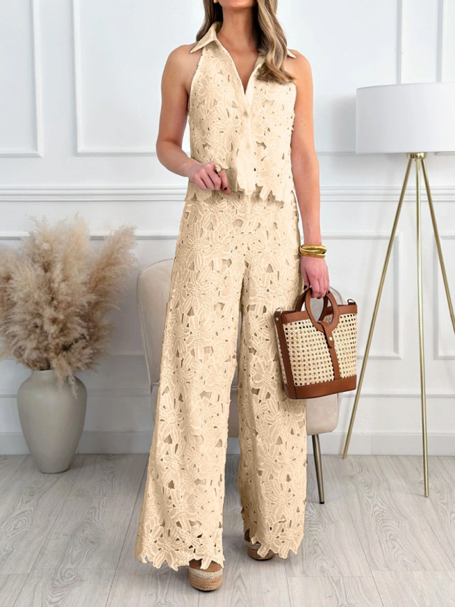 Hollow Eyelet Lace Halter Collar Crop Top Wide Leg Pants Outfit