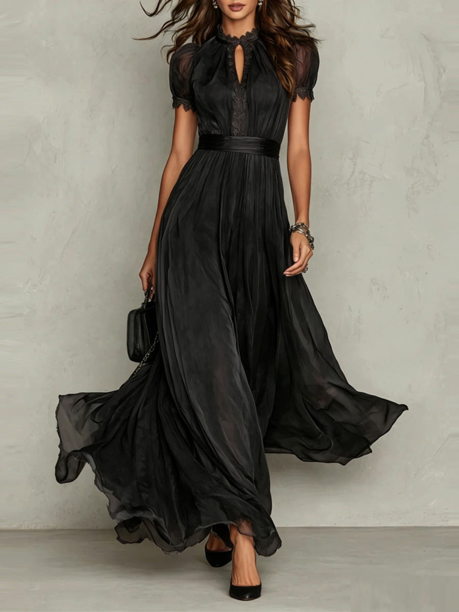 Women Elegant Lace Trim Sheer Chiffon Maxi Evening Dress
