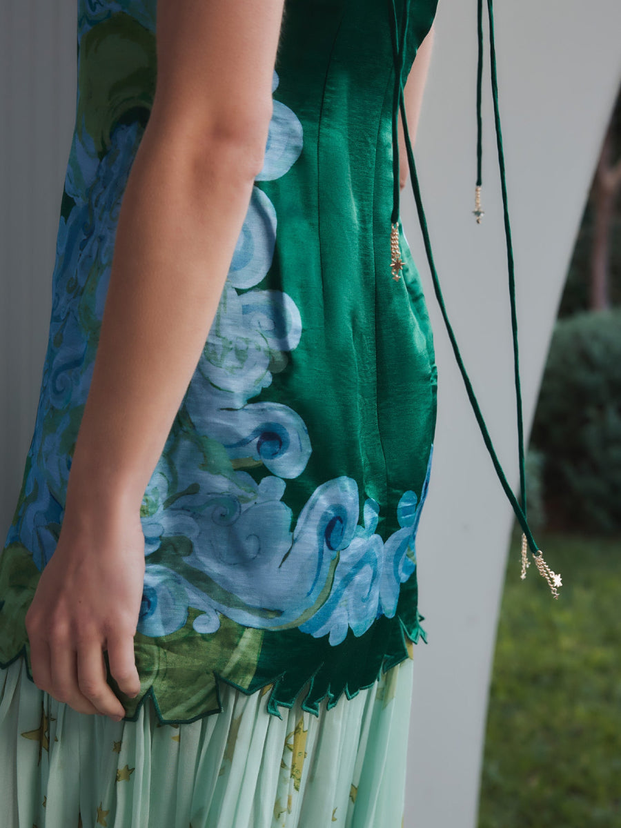 Elegant Green Cloud Print Satin Cami Layered Star Pattern Sheer Long Dress