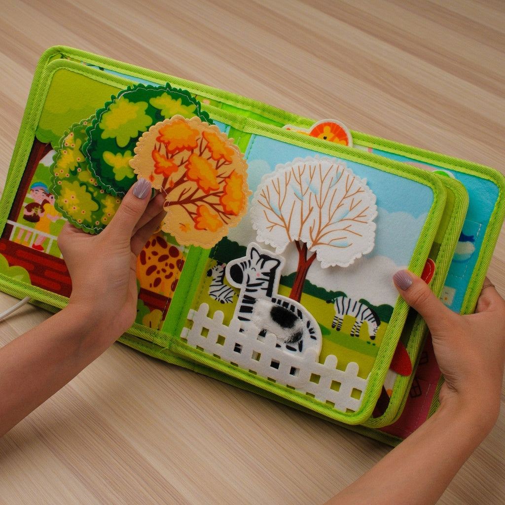 Zoo Adventure Quiet Book — Climbing Monkey, Squeaky Parrot & Zoo Map Tracing