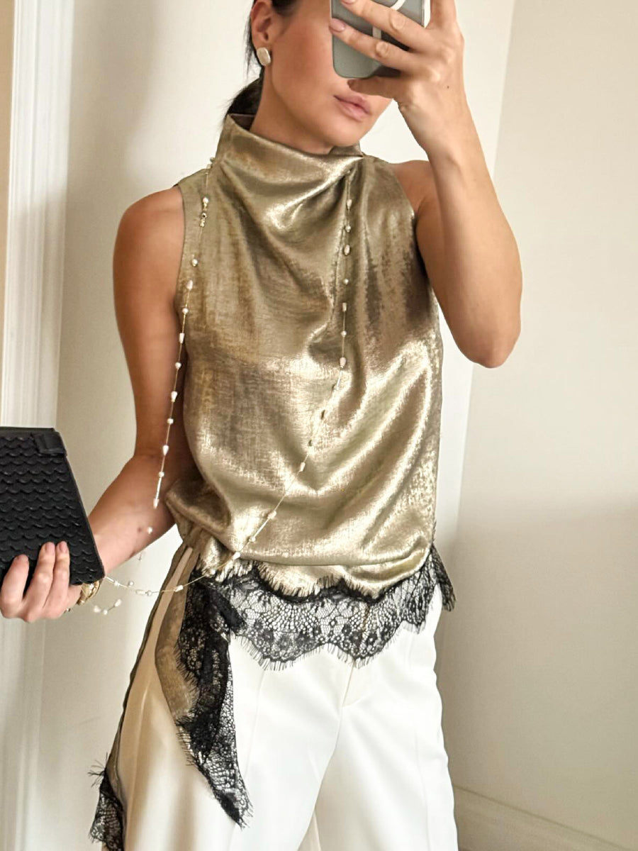 Draped Cowl Neck Sleeveless Asymmetric Hem Shiny Satin Blouse
