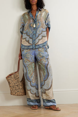 Women's Blue Paisley Print Linen 2-Piece Co-Ord Set - Short Sleeve Shirt & Wide Leg Pants for Boho Resort Wear