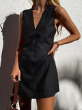Rust Red Linen Sleeveless Deep V Wrap Mini Dress