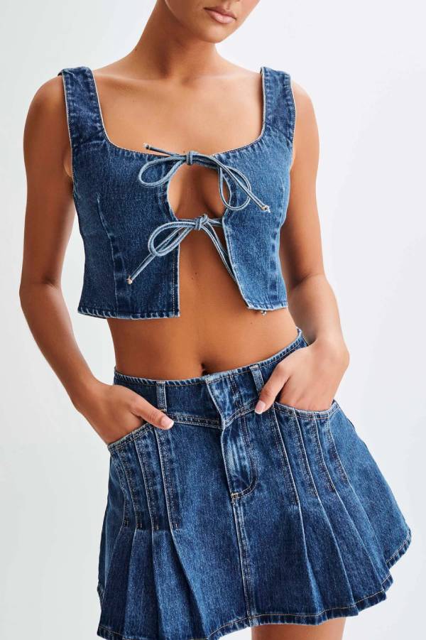 Bow Knot Denim Crop Tank Top Skirt Set Main image