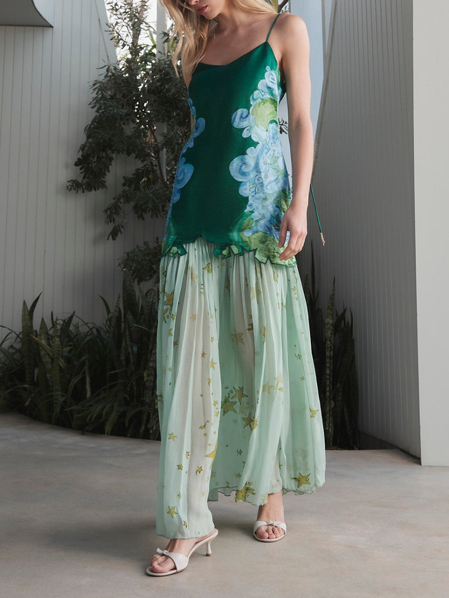 Elegant Green Cloud Print Satin Cami Layered Star Pattern Sheer Long Dress