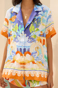 Linen-blend shorts set with a relaxed collared shirt and elastic-waist shorts for vacation