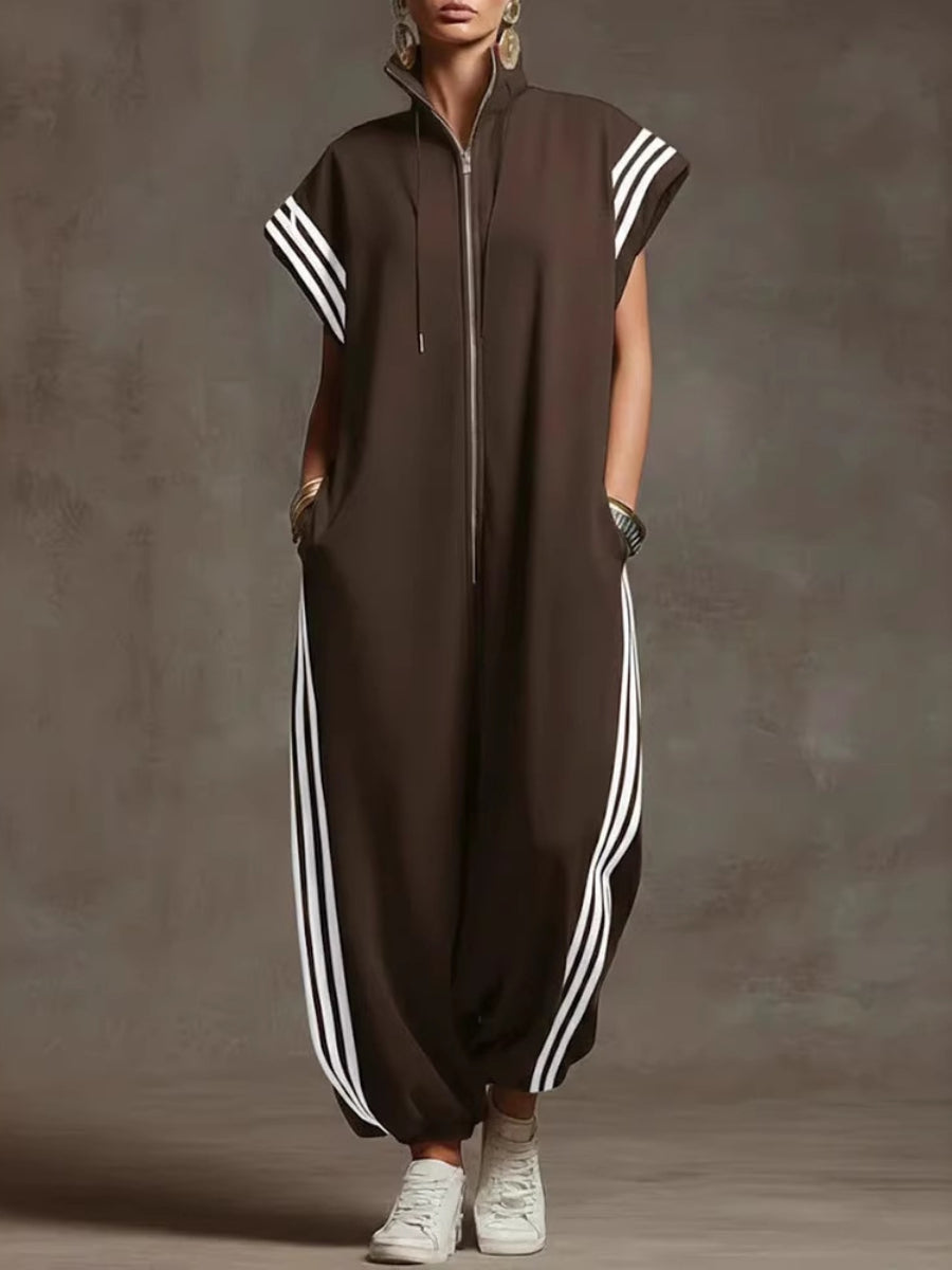 Three Stripe Sleeveless Zip Up Oversized Jogger Jumpsuit