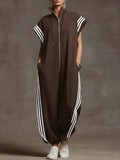 Three Stripe Sleeveless Zip Up Oversized Jogger Jumpsuit