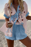 Pink and blue short-sleeve shirt and shorts set in a Western horse-and-stars print