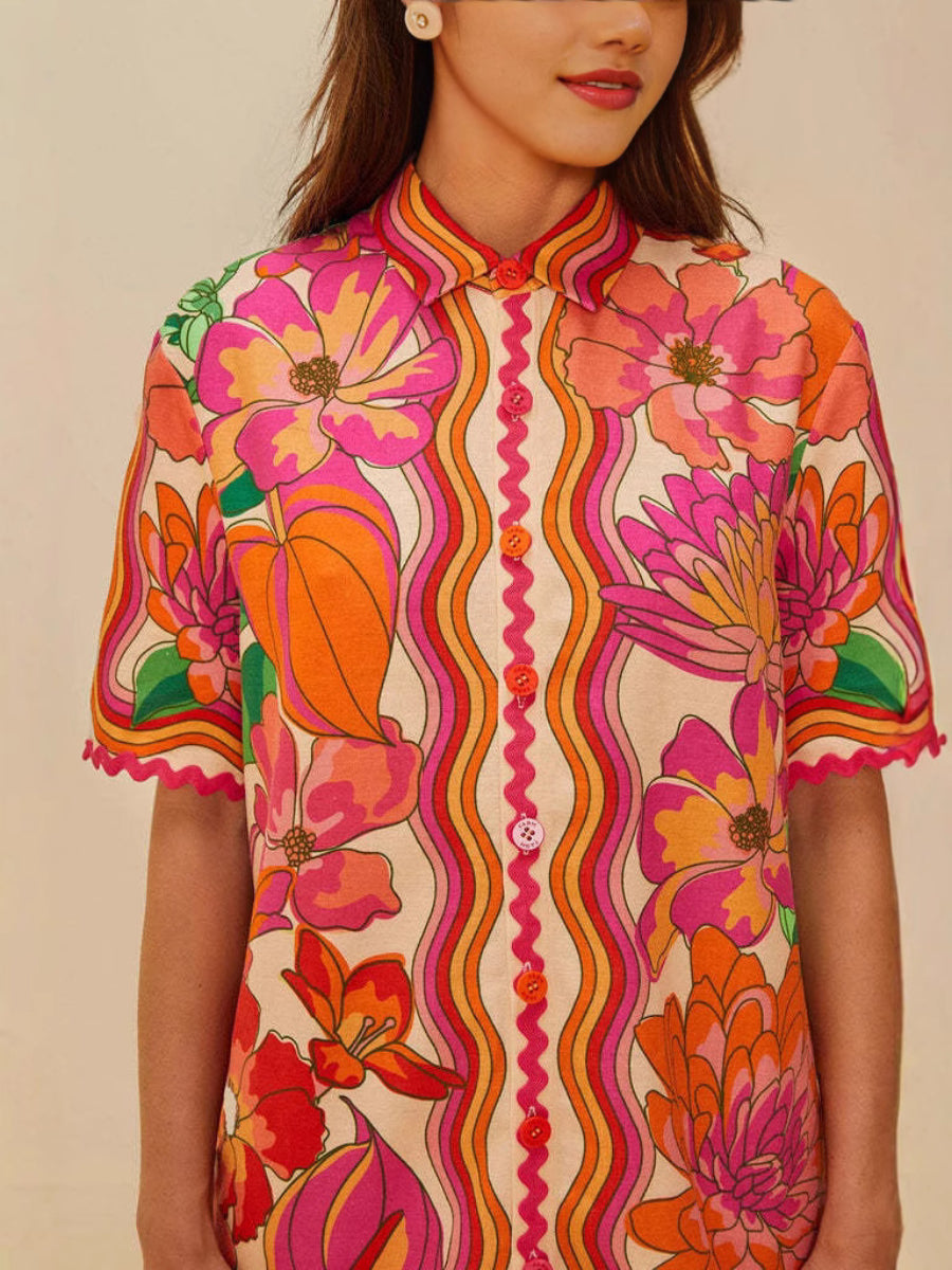 Vintage Psychedelic Floral Scallop Hem Shirt Drawstring Relaxed Fit Shorts Summer Holiday Co Ord