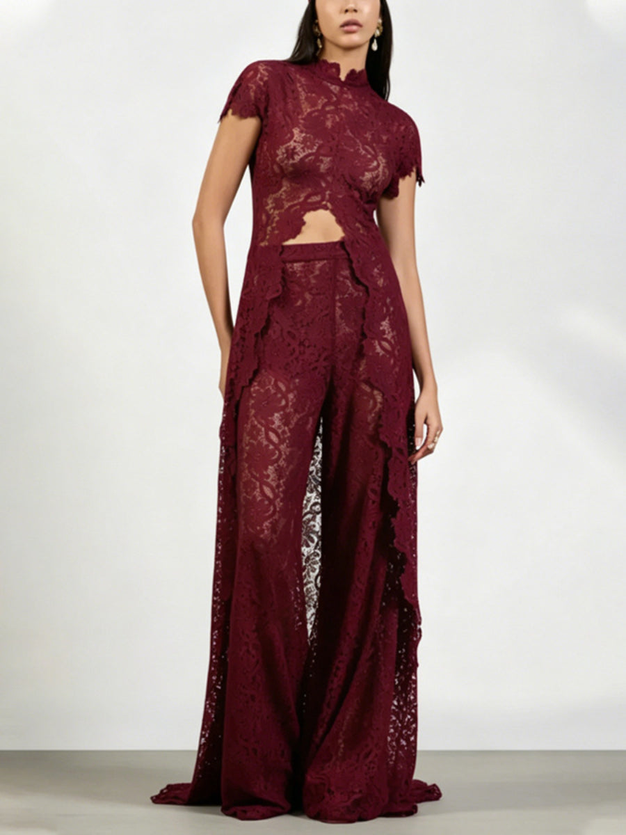 Floral Lace Cutout High Neck Wide Leg Pants Two Piece Matching Set