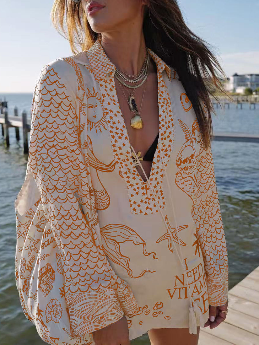 Cream Mermaid Ocean Print Tassel V Neck Long Sleeve Blouse & High Waist Shorts Two Piece Set