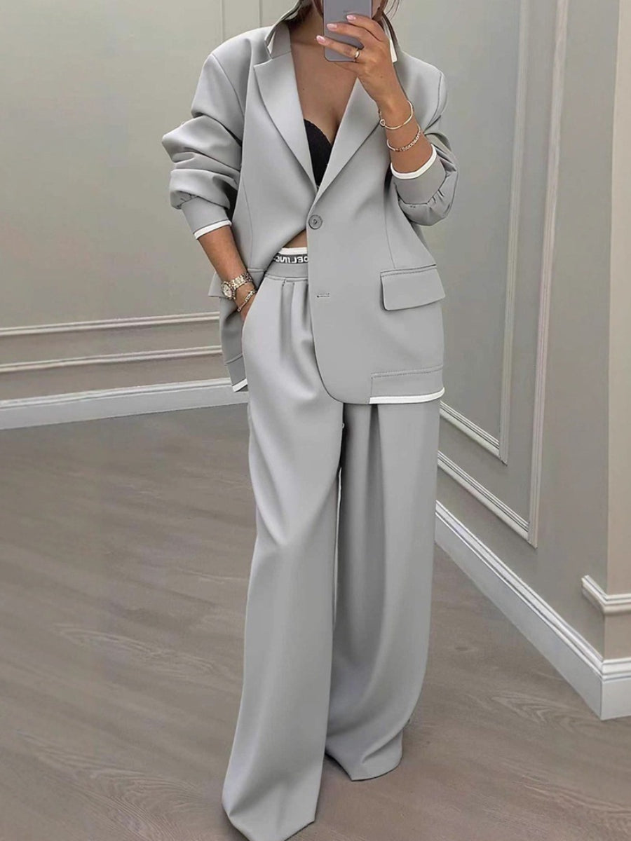 Elegant long-sleeved jacket and casual wide-leg pants suit set Secondary image