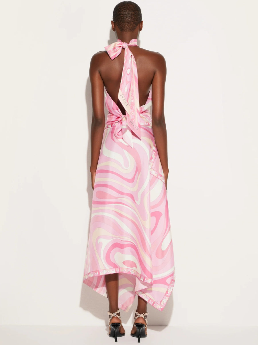 Pink Swirl Marble Print Halter Neck Satin Two Piece Set Asymmetrical Split Hanky Hem Midi Skirt Co Ord