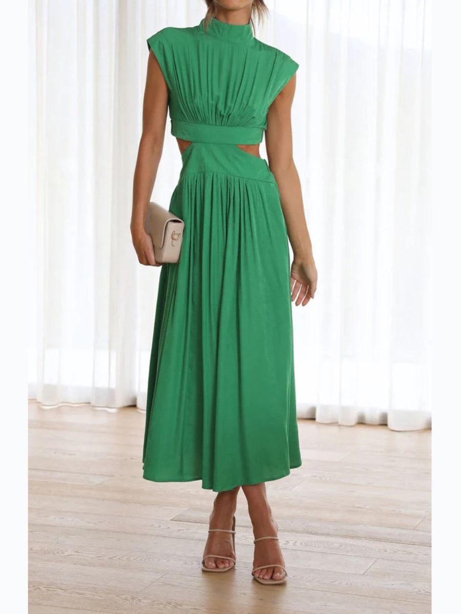 Satin High Neck Cap Sleeve Side Waist Cutout Pleated Midi Dress