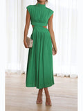 Satin High Neck Cap Sleeve Side Waist Cutout Pleated Midi Dress