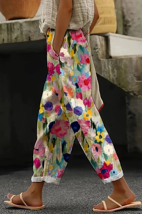 Casual Art Flower Print Straight Pocket Pants Main image